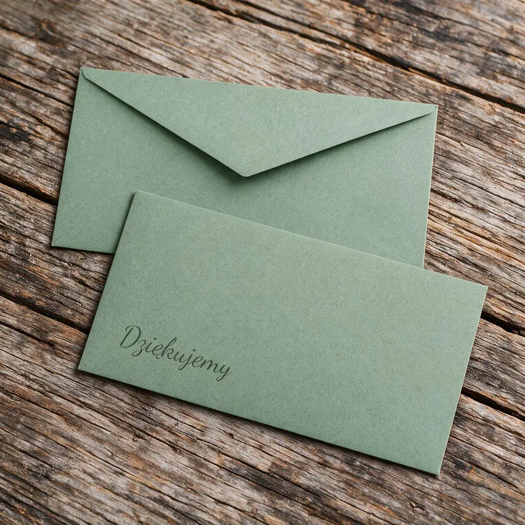 Dwie koperty DL w kolorze Matcha na drewnianym blacie, na wierzchniej ciemnozielony nadruk słowa „Dziękujemy" pismem odręcznym